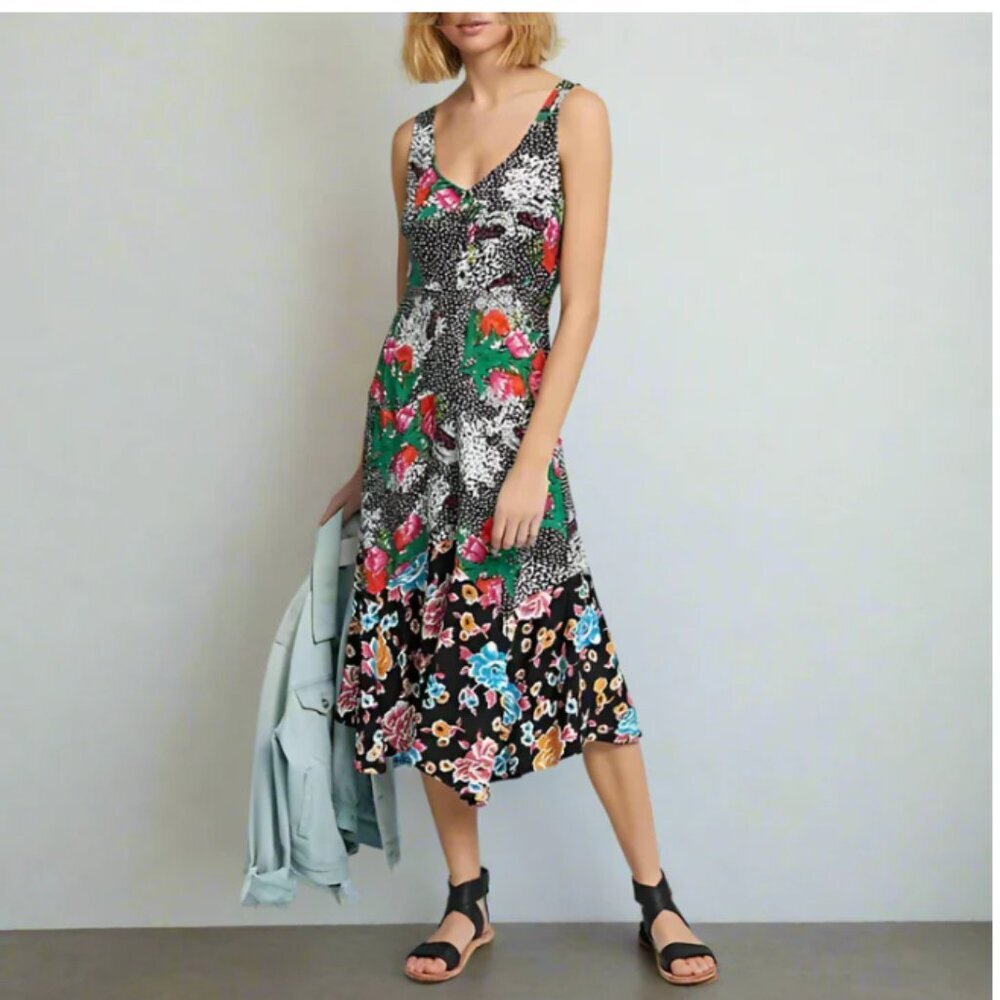 Anthropologie Floral Asymmetric Dress 2 Black Sleeveless V-Neck Lightweight